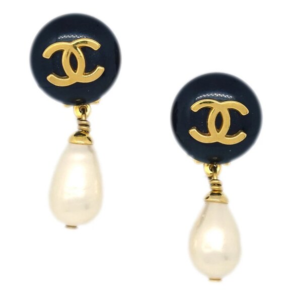 Chanel Artificial Pearl Dangle Earrings Clip-On Gold 96P - Picture 1 of 4